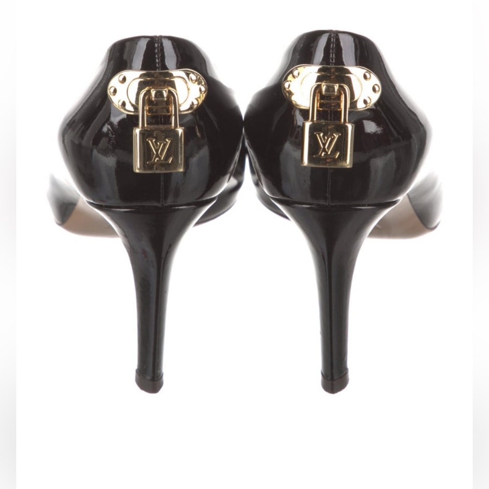 Louis Vuitton Black Patent Leather Padlock Stiletto Heels with Gold Hardware